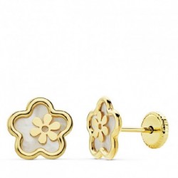 Pendientes de oro 18 ktes  flor calada nacar 8 mm