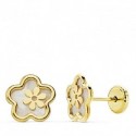 Pendientes de oro 18 ktes  flor calada nacar 8 mm