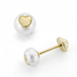 Pendientes au 18 ktes.perla corazon tuerca 5mm