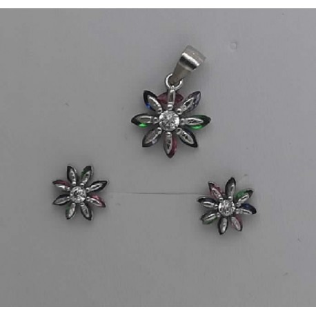 Conjunto plata flor multipiedra 1cm