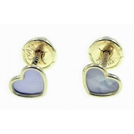 Pendientes oro corazon nacar tuerca 5mm