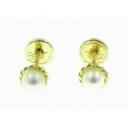 Pendientes oro perla con disco labrado de oro 4 mm
