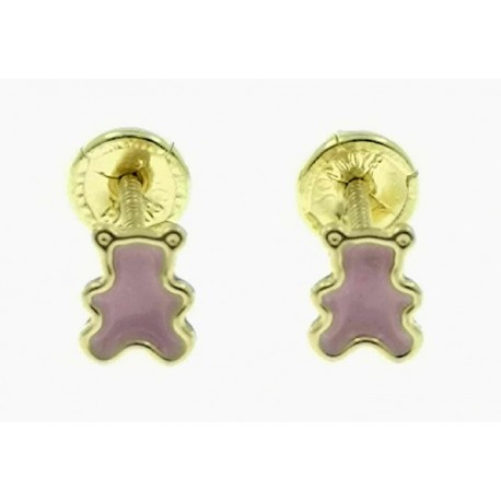 Pendientes de oro osos con esmalte rosa con tuerca