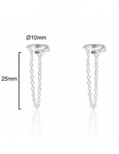 Pendientes de plata con cadena air cuff liso aro 10  mm con cadena de 25 mm