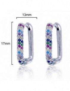 Pendientes plata aros rectangulares con piedras de color y 17 por 13 mm