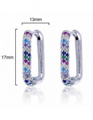 Pendientes plata aros rectangulares con piedras de color y 17 por 13 mm