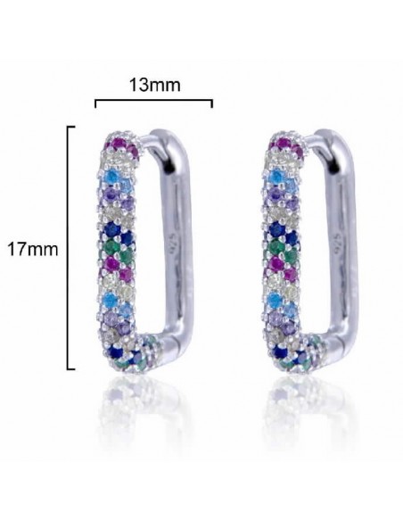 Pendientes plata aros rectangulares con piedras de color y 17 por 13 mm