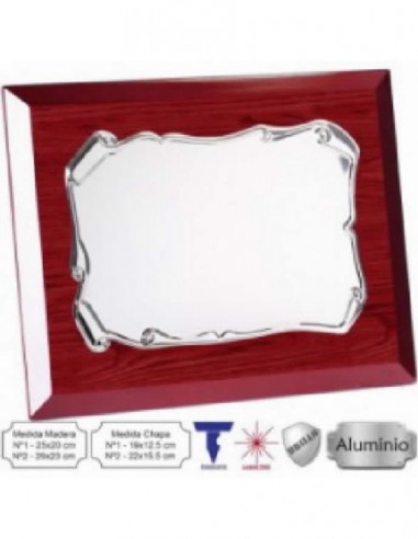 Placa Clasica con soporte de Madera 29x23 cm y Estuche (Medida Chapa de Aluminio Brillo 22x15.5 cm)-(Grabado Diamante, Laser Yag