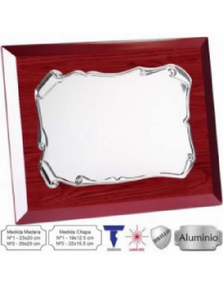 Placa Clasica con soporte de Madera 29x23 cm y Estuche (Medida Chapa de Aluminio Brillo 22x15.5 cm)-(Grabado Diamante, Laser Yag