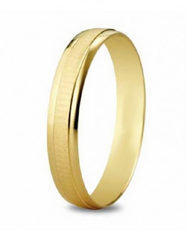 Alianza de boda de oro amarillo de 18 quilates, con una banda central un poco texturizada con los lados pulidos brillantemente.