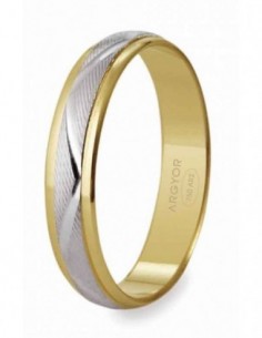 Alianza de oro bicolor oro blanco y amarillo, grabado central fabricada en oro de 18 ktes, de 4 mm de ancho con el interior plan
