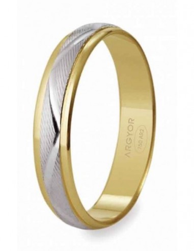 Alianza de oro bicolor oro blanco y amarillo, grabado central fabricada en oro de 18 ktes, de 4 mm de ancho con el interior plan
