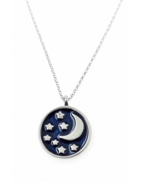 Gargantilla de plata estrellas con luna en plata esmaltada en azul con cadena de 45 cms y alargador de 3 cms.