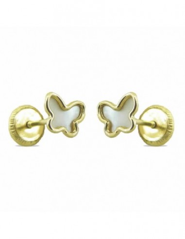 Pendientes de oro de 18 ktes mariposas con nacar y cierre de tuerca.