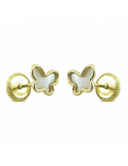 Pendientes de oro de 18 ktes mariposas con nacar y cierre de tuerca.