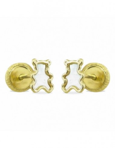 Pendientes de oro 18 ktes  osito nacar de 5 mm diametro con cierre de rosca