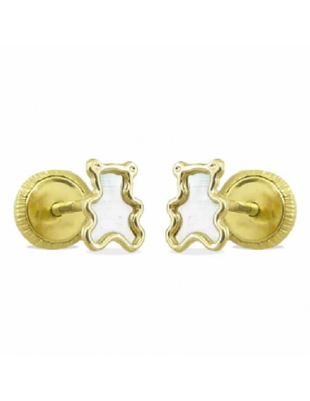 Pendientes de oro 18 ktes  osito nacar de 5 mm diametro con cierre de rosca