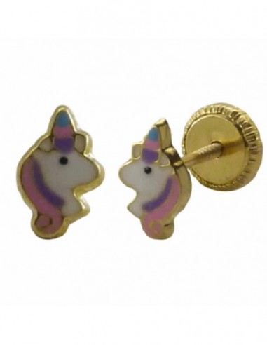 Pendientes de oro unicornio esmalte 5.5 mm con cierre de tuerca