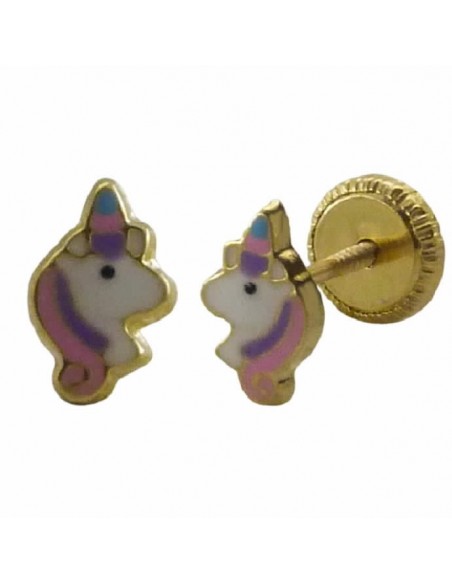 Pendientes de oro unicornio esmalte 5.5 mm con cierre de tuerca
