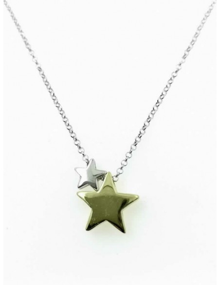 Gargantilla de plata  dos estrellas bicolor con cadena de 45 cms y adaptador de 3 cms