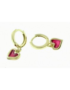 Pendientes de plata chapada aros 13 mm corazon colgando esmalte rojo.