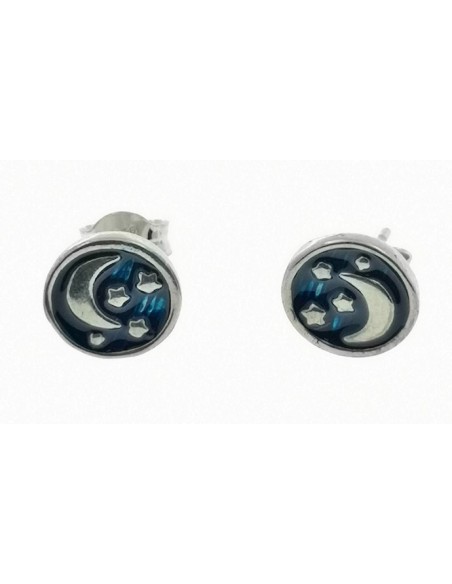 Pendientes de plata luna y estrellas 10 mm diametro esmalte azul con cierre de presion