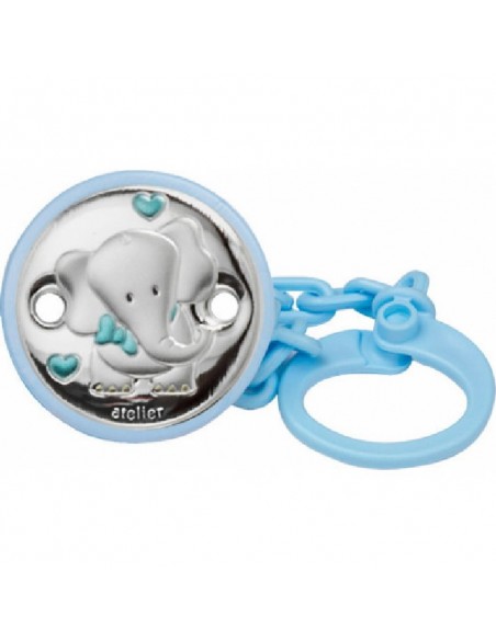 Pinza de chupete elefante azul de plata bilaminada