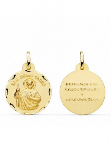 Medalla de oro San Judas Tadeo de 20 mm borde tallado fabricada en oro de 18 quilates