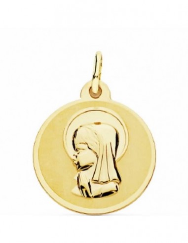 Medalla de oro virgen niña brillo con diametro de 18 mm fabricada en oro de 18 ktes