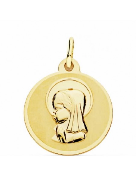 Medalla de oro virgen niña brillo con diametro de 18 mm fabricada en oro de 18 ktes