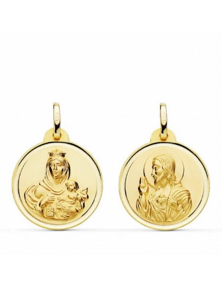 Escapulario oro 18 ktes. 16mm, corazon de jesus y virgen del carmen