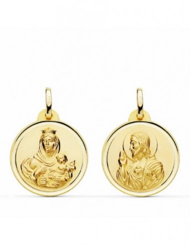 18K ESCAPULARIO BISEL CORAZON DE JESUS Y VIRGEN DEL CARMEN 20MM