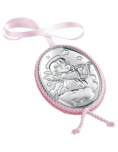 Medallon con angelotes plata bilaminada de 7 por 10 cms de medida con el fondo en rosa