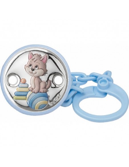 Pinza de plata laminada en color azul con dibujo de gato