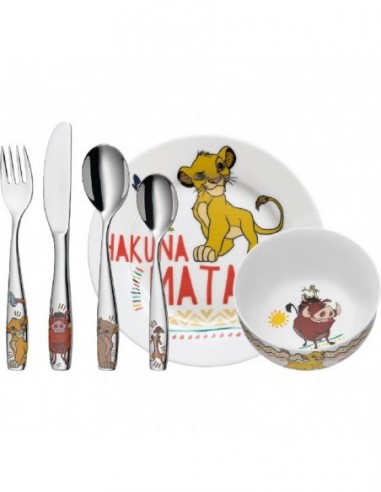 Set de Vajilla de Porcelana de 6 piezas Rey León, cubiertos de acero y cuenco ceramico.