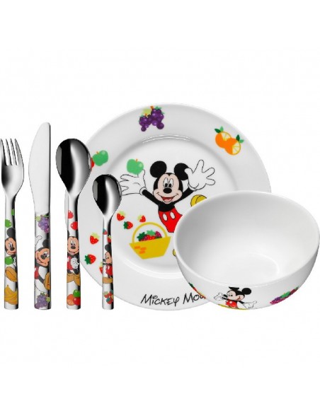 Set de Vajilla de Porcelana de 6 piezas Mickey Mouse, cubiertos acero y vajilla ceramica.